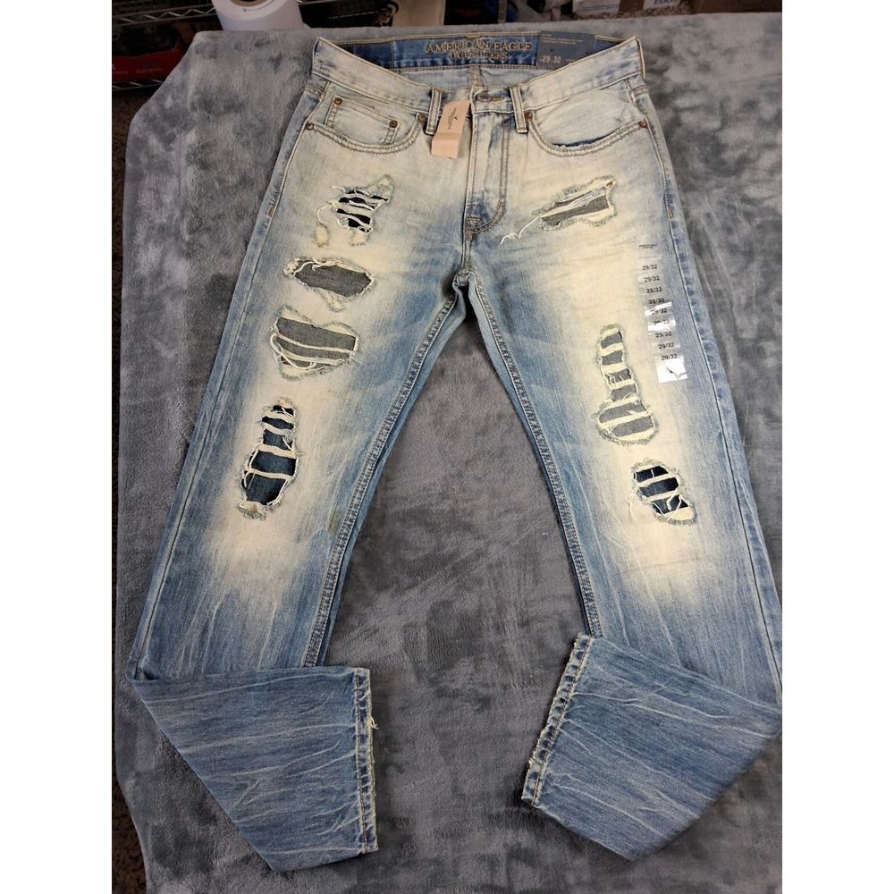 American Eagle Slim Straight Destroyed Light Wash Patched Jeans 29x32 3446-953